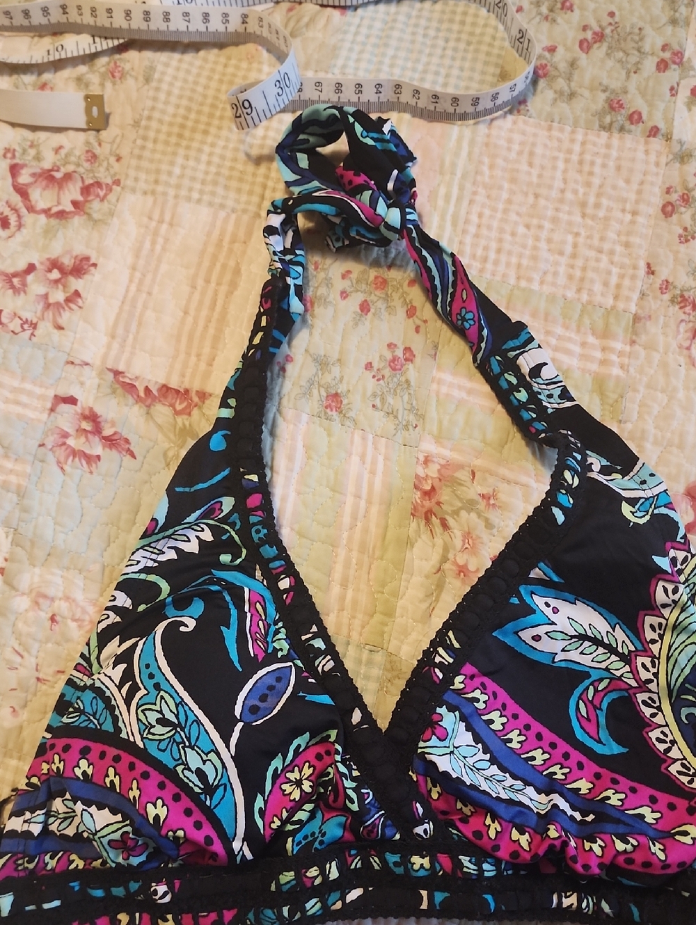 Apt. 9 Black Paisley Halter Swim Top with Teal & Magenta Accents